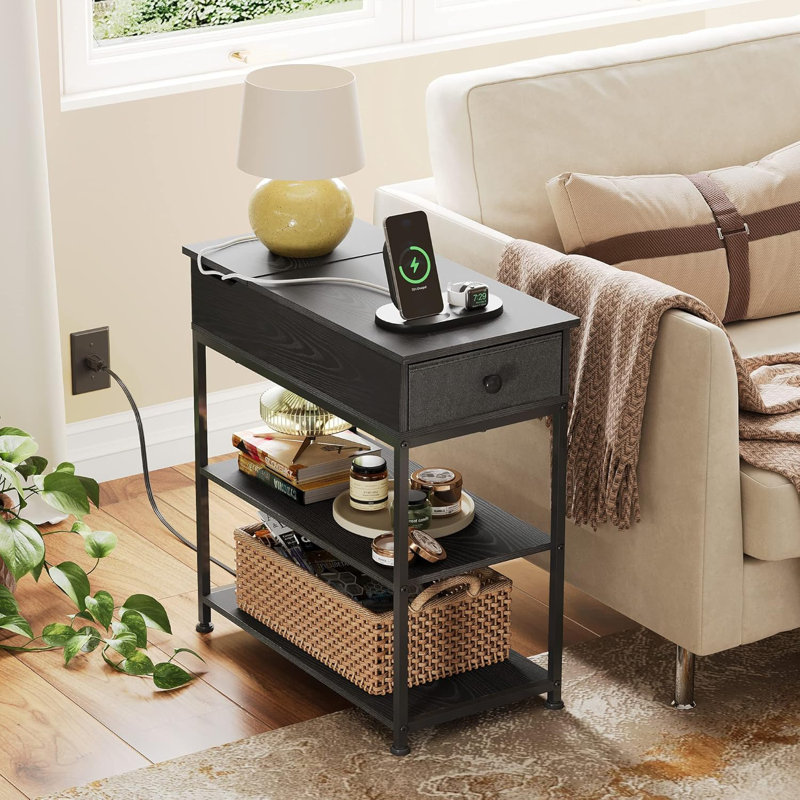 Reggis 24'' End Table with Power Outlets & USB, Side Table with Drawer and 2 Shelves, Farmhouse Side Table for Small Spaces, End Table With Drawer For Living Room, Bedroom