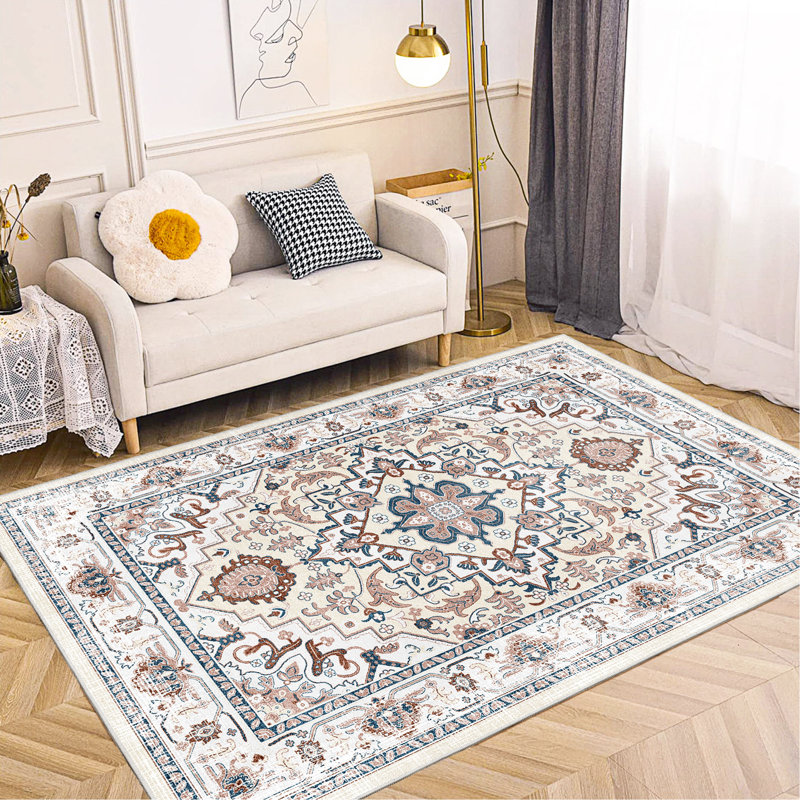 Area Rug Vintage Bohemia Large Persian Non-Slip Washable Rug For Living Room Kitchen Bedroom Living Room Flower Design Orange-Yellow