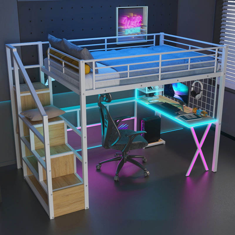 Lit mezzanine en métal avec poste de travail intégré, garde-robe, escalier de rangement et DEL, Double