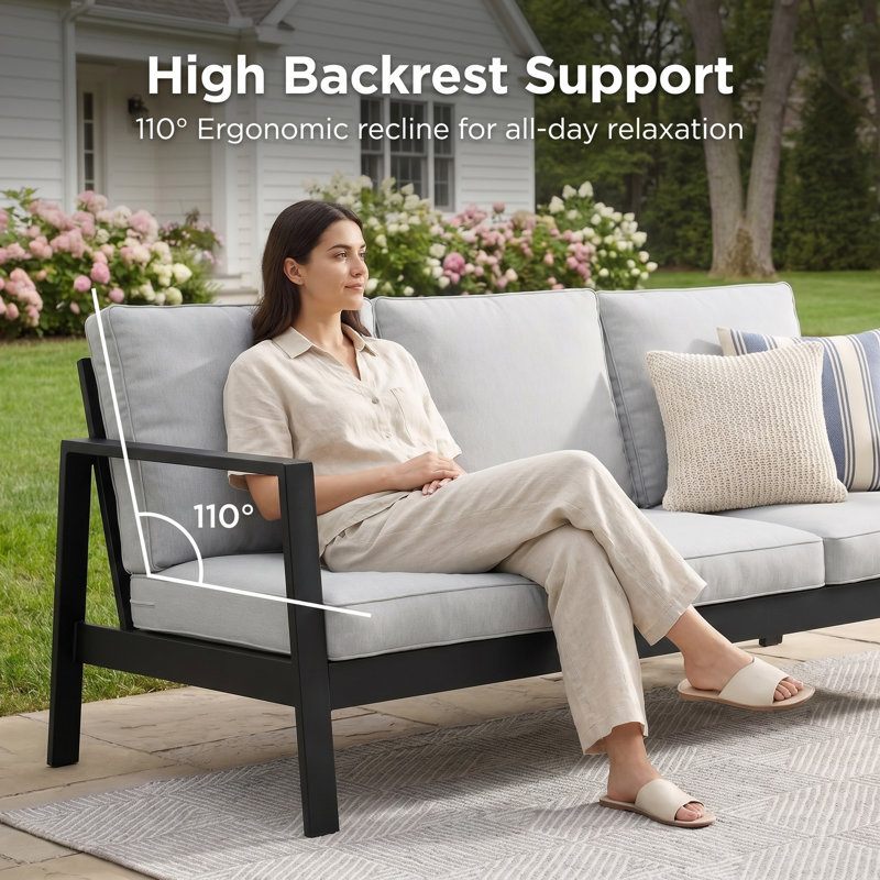All‑Aluminum 3‑Person Outdoor Sofa for All Weather, Oversized Patio Sofa with 110° Ergonomic Backrest, Patio Seating with Removable Cushions for Backyard, Garden, Deck