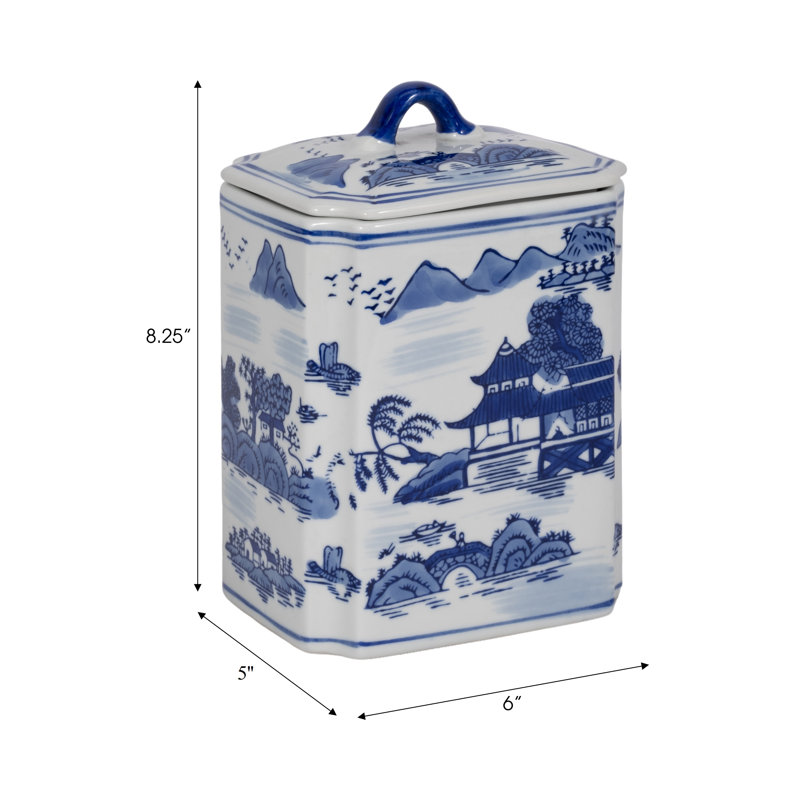 Stoneware Ceramic Chinoiserie Decorative Container with Lid