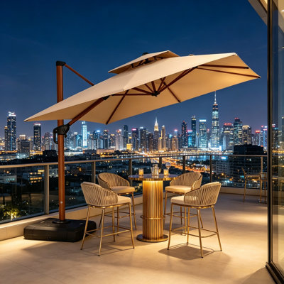 Parasol de luxe à grain de bois beige de 9 pieds avec structure en porte-à-faux décalée qui permet une rotation libre de 360 degrés.