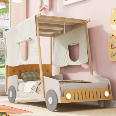 Wood Twin Size Car Bed With Pillow, Ceiling Cloth And LED, Natural