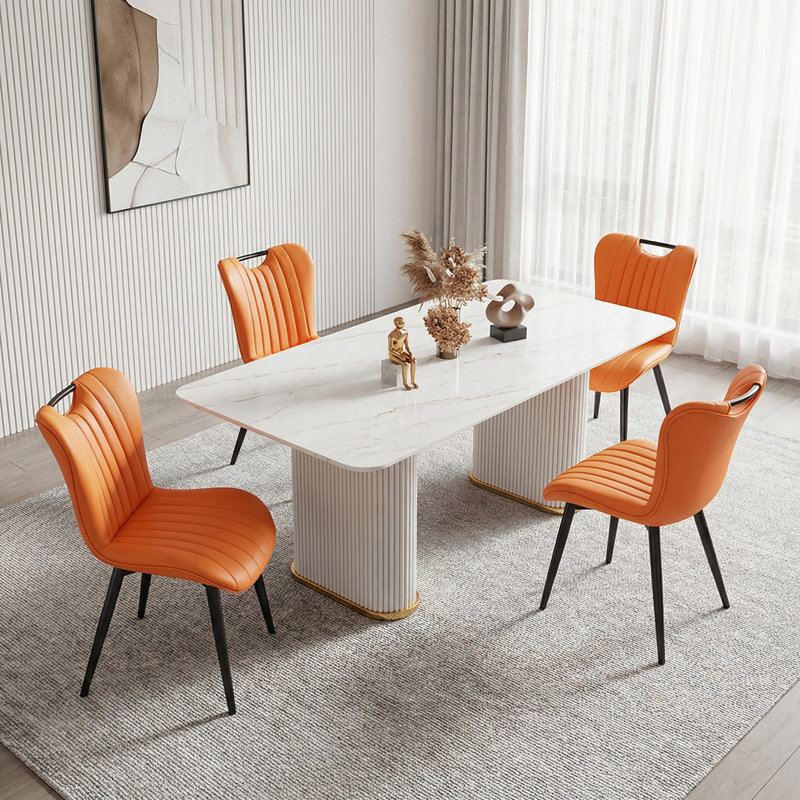 Modern Quilted Upholstered Dining Chairs Wingback Luxury Side Chairs With Metal Legs (Set of 4), Orange