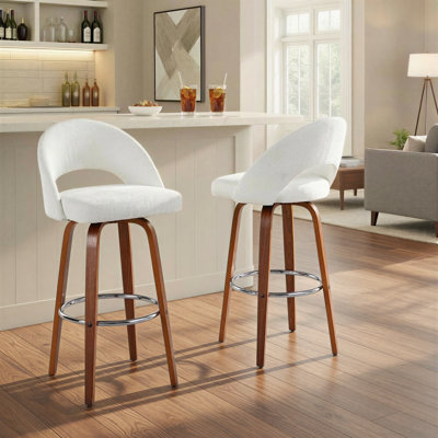Resme 30" Upholstered Fixed-Height Bar Stools with Bent Wood Legs & Round Footrest