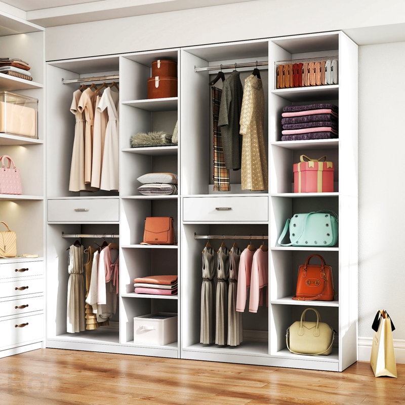 Armoire-penderie autoportante avec 6 tablettes ouvertes, 1 tiroir en bois et 2 tringles, fini blanc