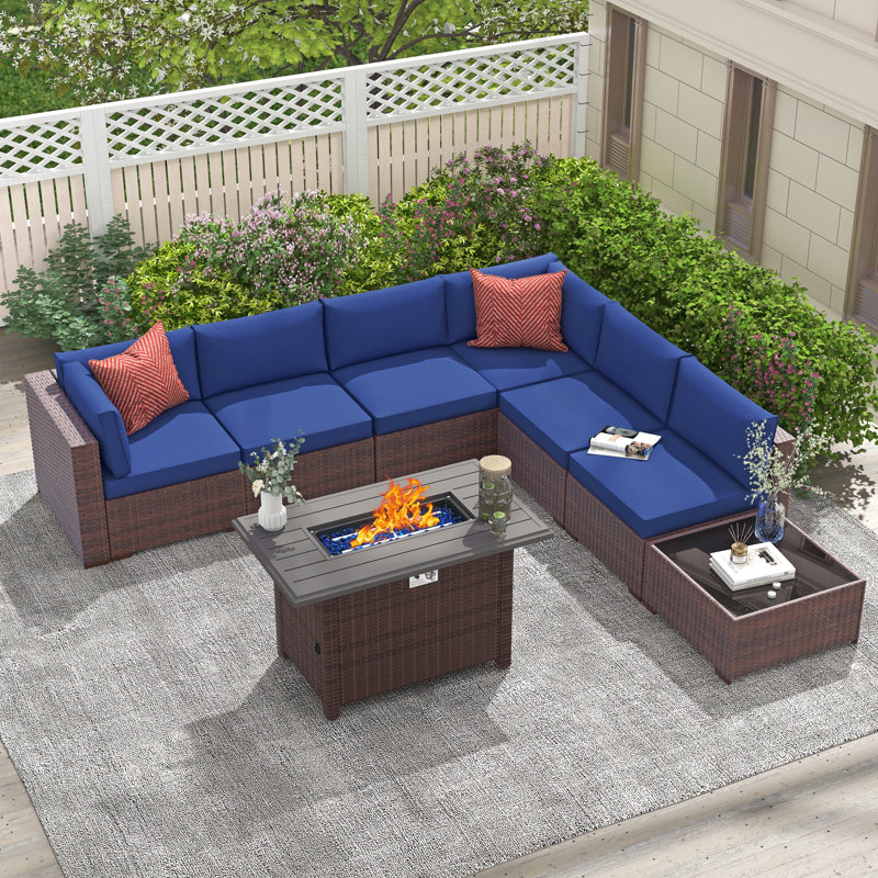Ensemble de conversation d'extérieur pour 6 personnes avec coussins Caydin, Structure brune / coussin bleu marine
