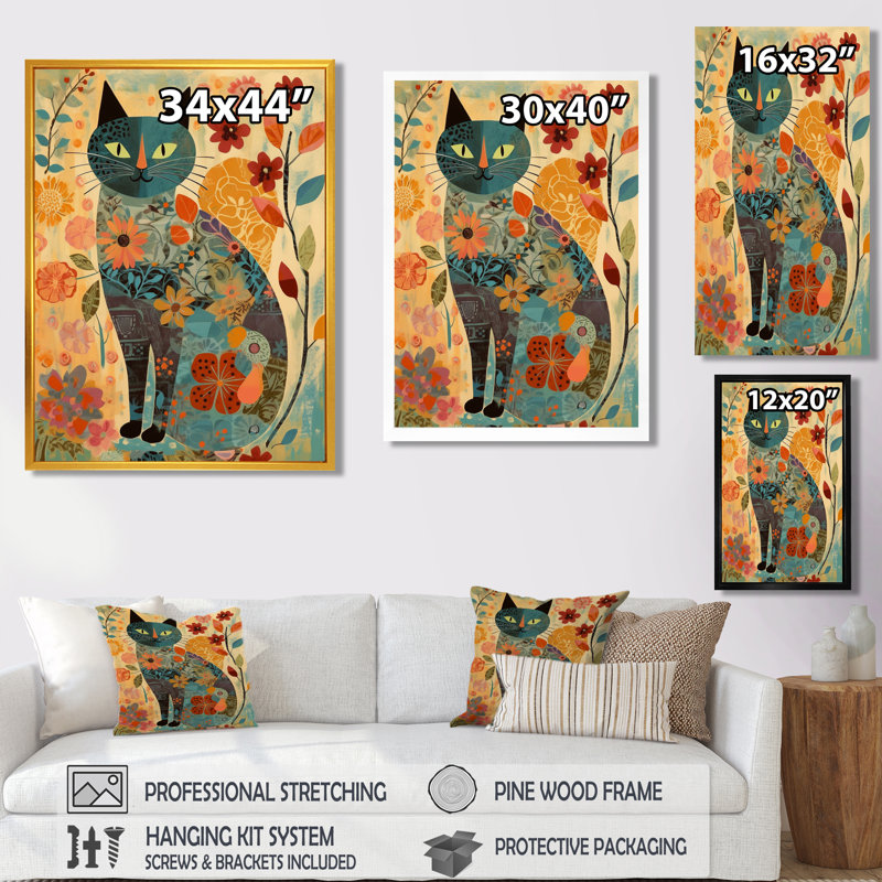 Boho Cat Flower Collage - Art mural chat, H 44 po x l 34 po x P 1,5 po, Toile tendue