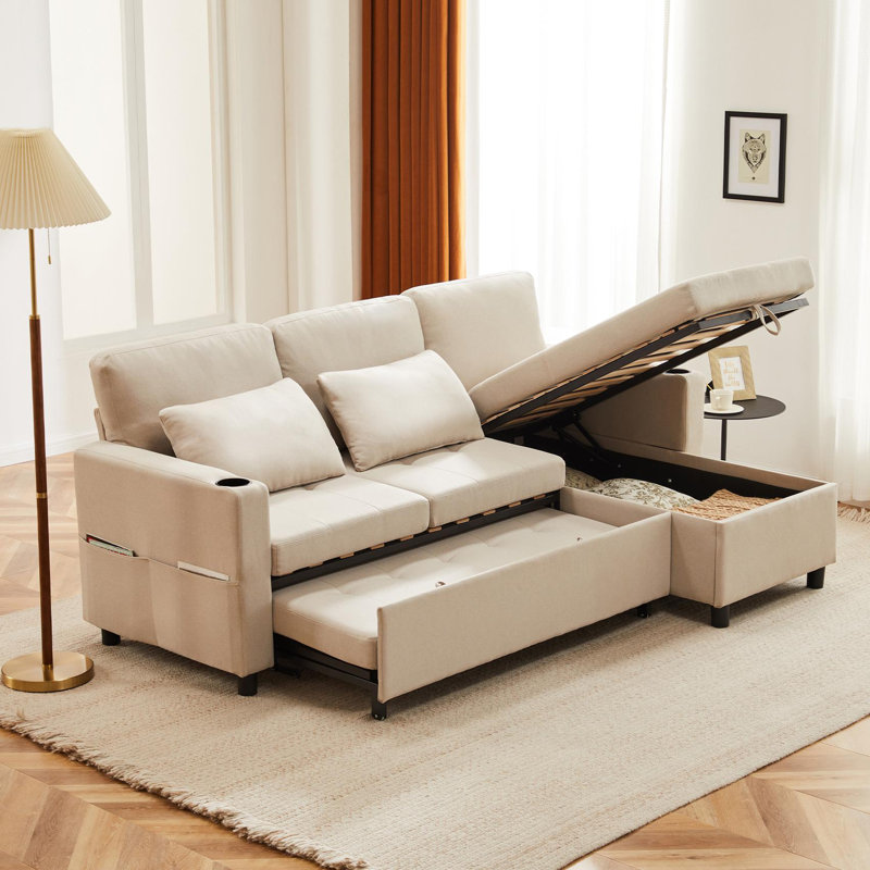 Azer 3 Seater Fabric Sofa Bed, Beige