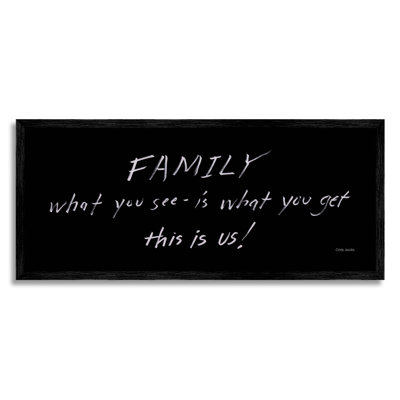 «Family This Is Us», tableau d'écriture phrase par Cindy Jacobs - art textuel sur bois avec cadre flottant
