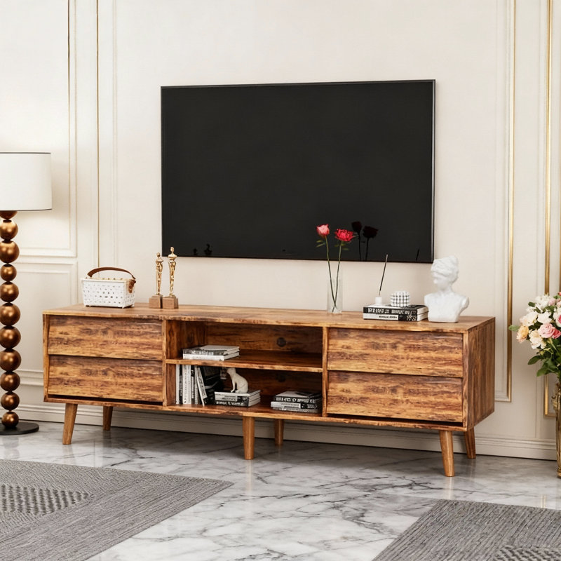 Commode meuble télé 63 "avec 2 armoires de rangement et 4 tiroirs, meuble télé avec compartiments, console télé pour salon, chambre à coucher