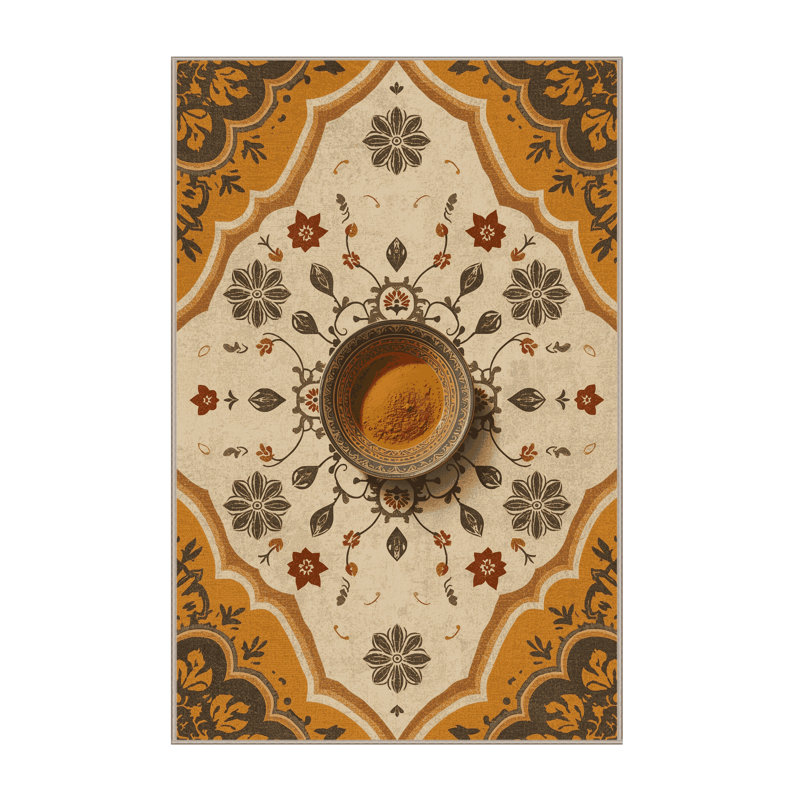 Machine Washable Easton Curry Dish Global Inspired Block Print Rug in Brown – Beige Binding, 7x9