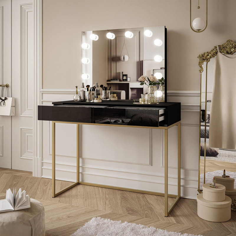 Angrist Dressing Table with Mirror, Black High Gloss/Gold Matt