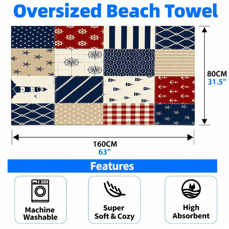1 serviette de plage nautique en patchwork avec ancres, voiliers, boussoles, phares, étoiles, cordes, guingan et pois dans un motif bleu, blanc et brun clair. Grande microfibre, parfaite pour la piscine, les voyages, unisexe.