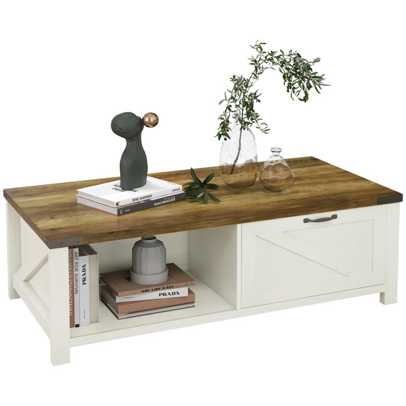 Farmhouse Coffee Table With Storage Drawer, Rustic Coffee Table For Living Room, Open Shelf