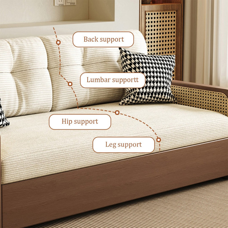 Beige corduroy solid wood oak sofa bed, 75.59" W