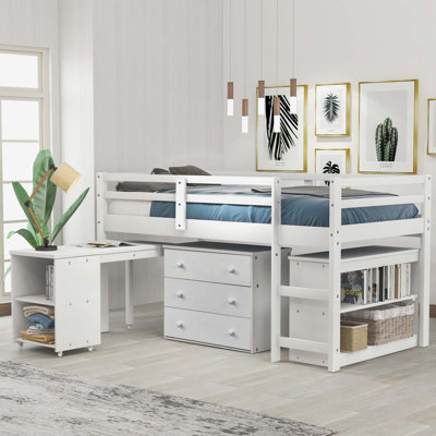 Functional Low Study Loft Bed with Cabinet and Rolling Portable Desk for Efficient Space Utilization and Versatile Use