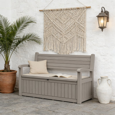 80 Gallon Outdoor Storage Bench With Backrest, Wood-grain Resin, 2-person
