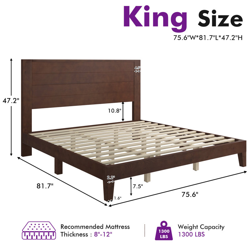 Bilal King Size Solid Wood Platform Bed Frame with 47.2'' Headboard,Walnut, Walnut, King