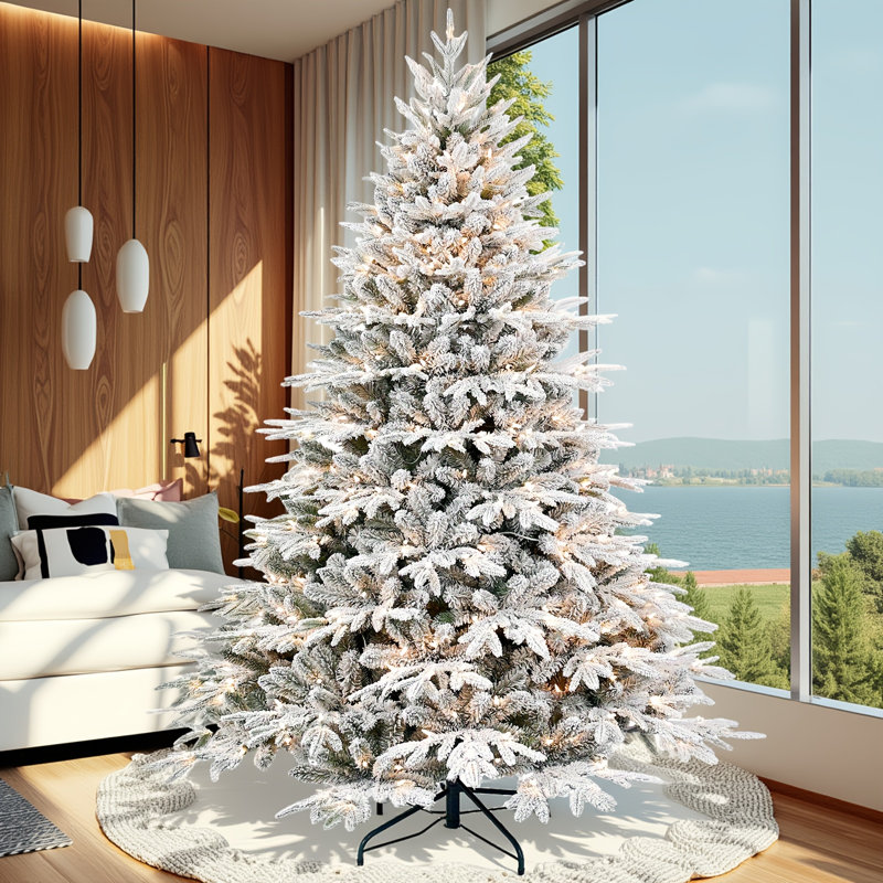 Arbre de Noël artificiel floqué pré-éclairé avec lumières incandescentes blanc chaud, pe + pvc enneigé avec branches en fil mémoire à mémoire, support en métal pliable pour les Fêtes