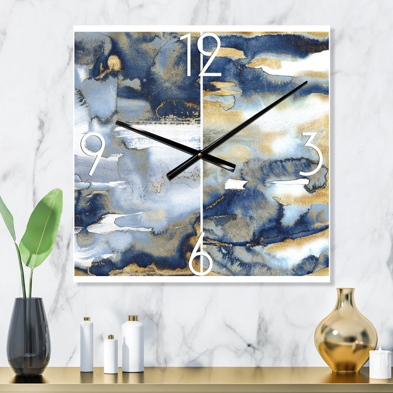 Horloge murale moderne bleu foncé et or abstrait II, Petit