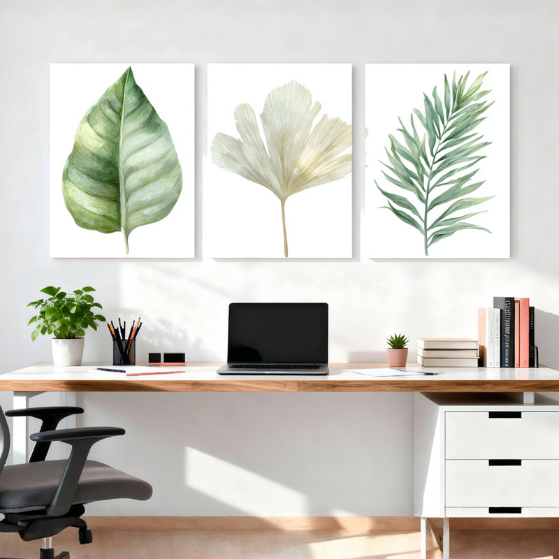 Feuille tropicale botanique aquarelle sur toile tendue, ensemble de 3 décorations pour salon, chambre à coucher ou bureau