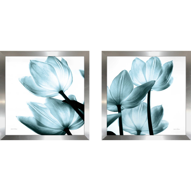 Motif de tulipes translucides II Sq Aqua Crop - impression, H 25,5 po x l 25,5 po x P 1 po, Encadrement argenté