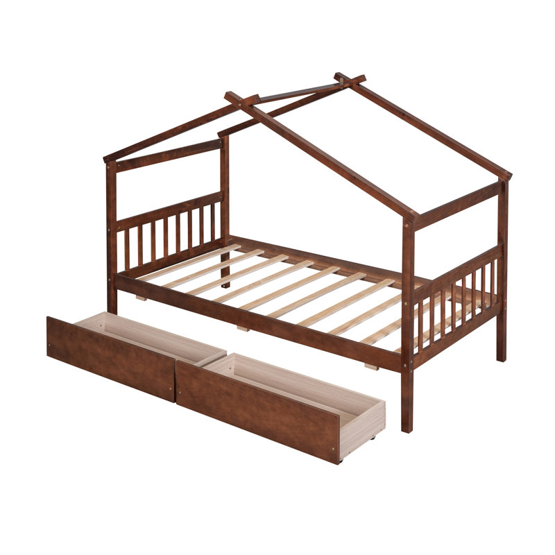 Lit simple en bois avec tiroirs, noyer, Noyer, Lit simple