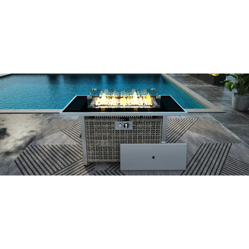 Foyer de table rectangulaire au propane à tissage ouvert de 43 po, gris, 60000, avec pierres de verre bleues, pare-vent trempé et rangement de 20 lb pour les réceptions en plein air Gaz 43 po, couleur, amovible - couvercle rouille