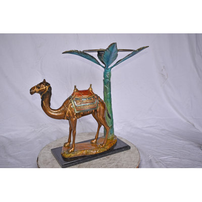 Bronte Camel Standing Under A Palm Tree Bronze Statue - Size: 20"L x 29"W x 25"H.