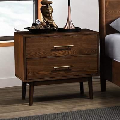 Table de chevet en bois de noyer massif avec 2 tiroirs, pieds fuselés ronds, poignées en nickel et table de chevet à tiroirs de style Mid-Century moderne facile à assembler pour la chambre à coucher
