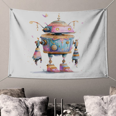 Whimsical Robot Illustration Wall Tapestry - Robot Wall Decor