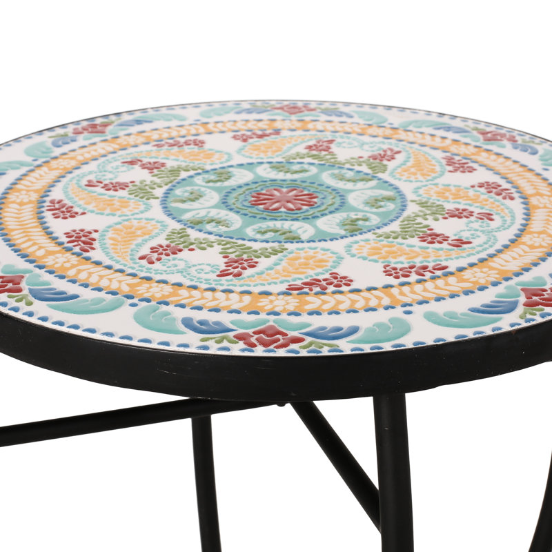 Table d'appoint décorative avec plateau en mosaïque et fabrication en métal, l 14 po x P 21,25 po, carreaux de céramique jaune + rouge, ornement élégant en fer robuste, X