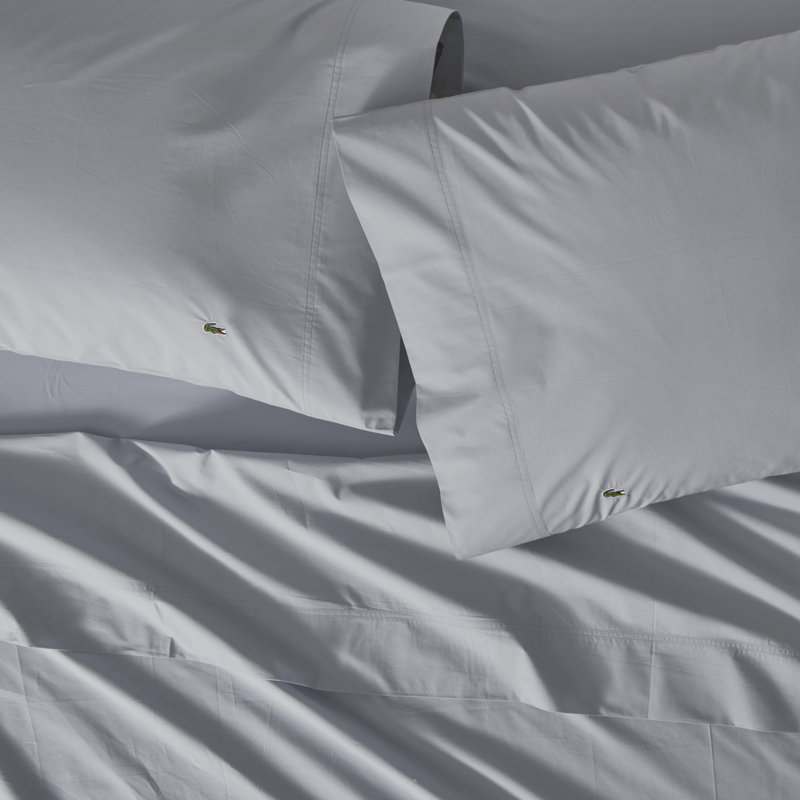 Lacoste Center Line Cotton Percale Sheet Set, Lightweight and Breathable Crisp Feel with Embroidered Crocodile, Light Blue, King
