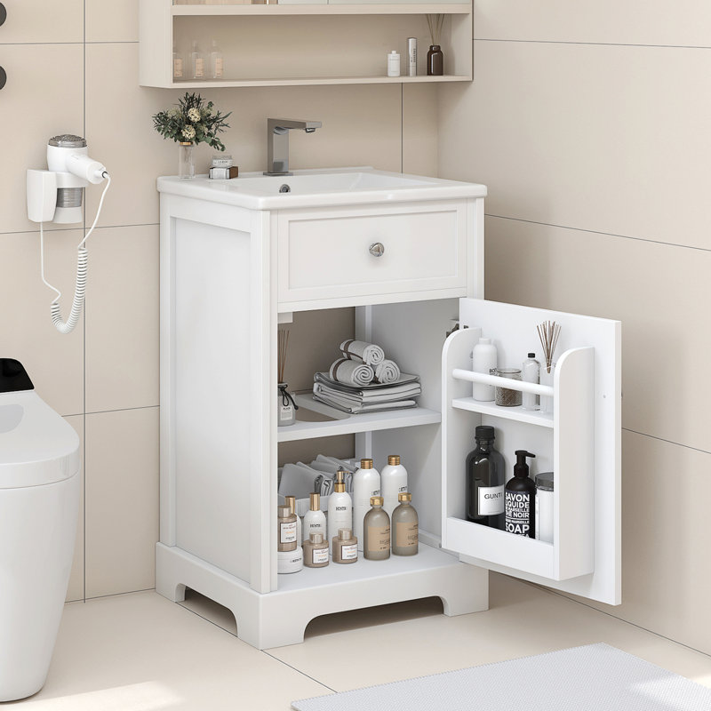 Meuble-lavabo simple avec lavabo, armoire de salle de bain avec porte à fermeture douce, support de rangement et tablette réglable pour la salle de bain