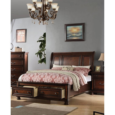 Grand lit de style traditionnel avec tête de lit en placage de cerisier et tiroirs pour la chambre à coucher, fabriqué à partir d'une tête de lit de pin en panneau de particules, finition en pin et contreplaqué