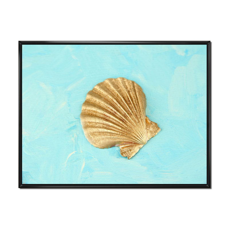 Coquillage doré sur bleu clair - reproduction sur toile, H 30 po x l 40 po, Cadre flottant noir