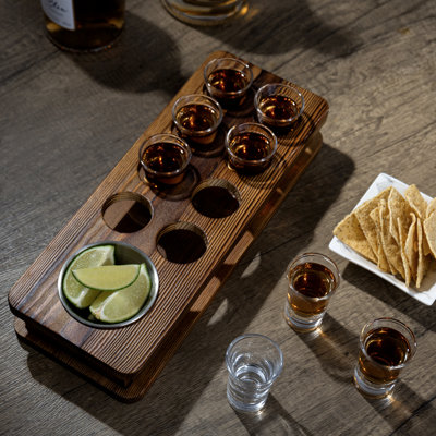 8 Shot Glasses Solid Wood Serving Set Tray