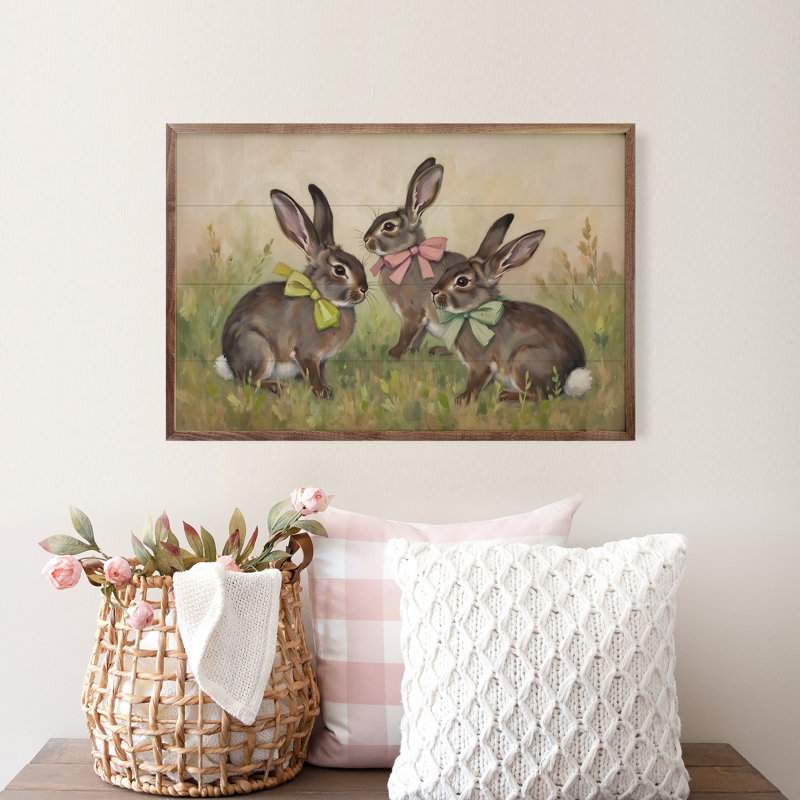 Three Bunnies With Bows, 10" H x 16" W