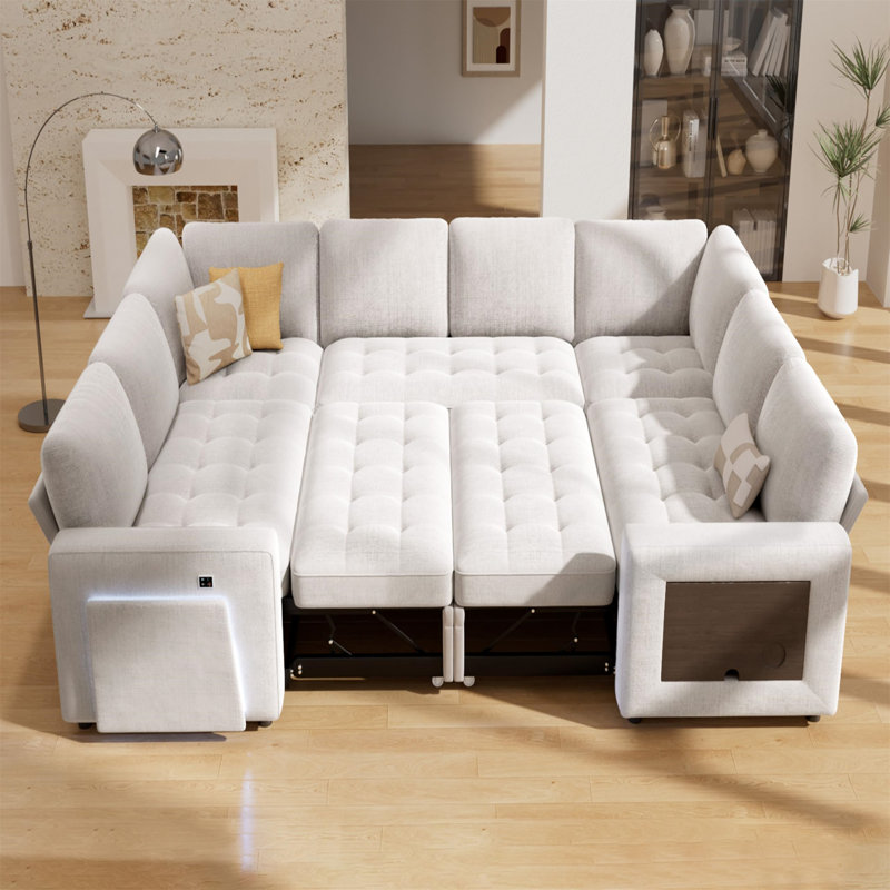 Canapé-lit modulaire en U 8 pièces avec fauteuil inclinable, lit escamotable, ports USB et rangement - Assemblage sans outil
