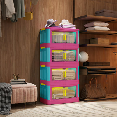 Happy Color, armoire de rangement pliante latérale de 20 po de large, 4 niveaux, 19,69 po x 11,81 po x 40,55 po, bacs de rangement pliables avec porte magnétique, armoire de rangement en plastique avec roues