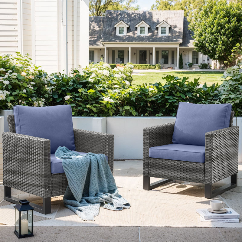 Chaises de patio en osier avec coussins en oléfine Naresa, Gris, Bleu