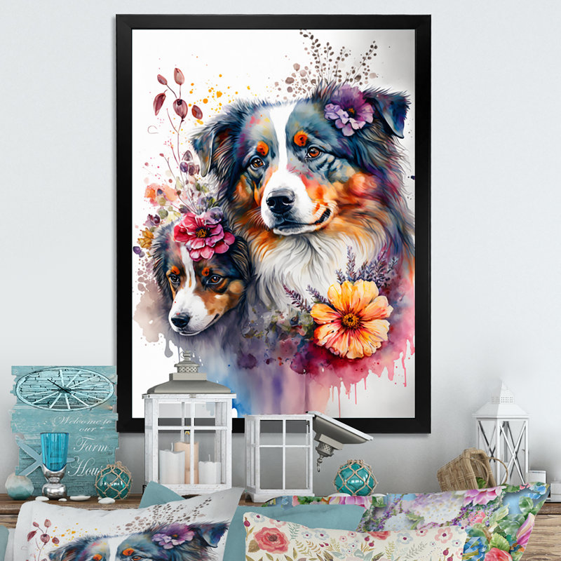 «Cute Australian Shepherds FloralII», impression sur toile, Cadre photo noir, H 20 po x l 12 po x P 1 po