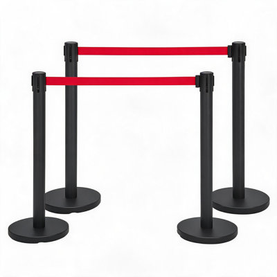 Crowd Control Steel Queue Barriers with 6.6 Ft Nylon Retractable Belts, 4‑Way Connection, Fillable Base for Events, Airports, Weddings, Hotels and Retail Stores