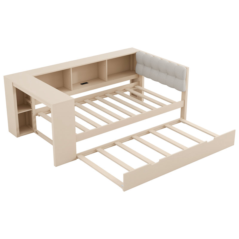 Lit en bois peu encombrant avec rangement, tête de lit tapissier crème, design moderne