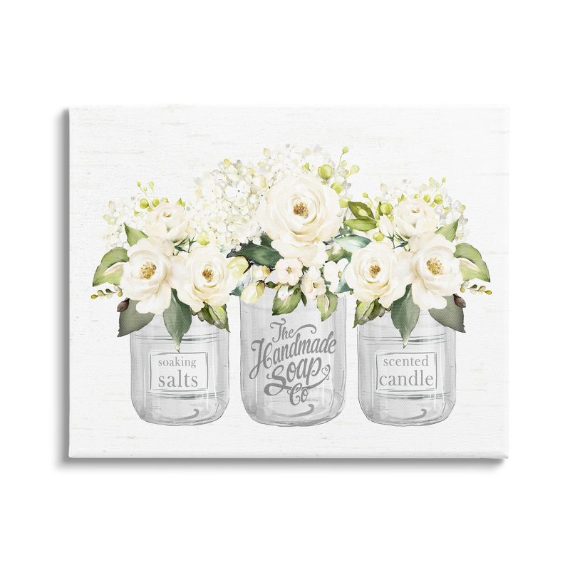 «White Roses Blooming Country Rustic Candle Jars» par Lettrage et doublure - reproduction rectangulaire sur toile