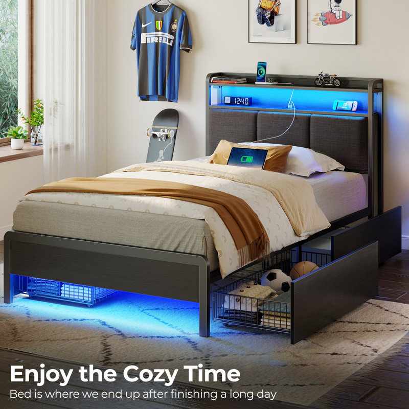Franzi Bed with Storage Headboard, Bed Frame with 4 Storage Drawers, Charging Station and RGB  LED Lights