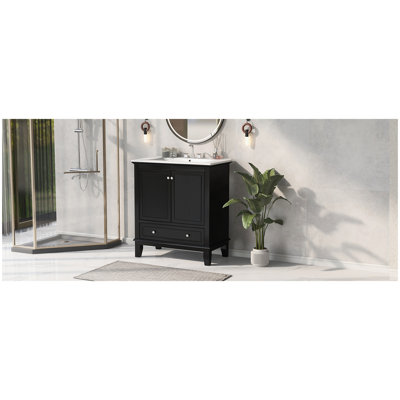 Meuble-lavabo multifonctionnel avec portes et tiroir 30 po, bois massif et panneau de fibres à densité moyenne, noir