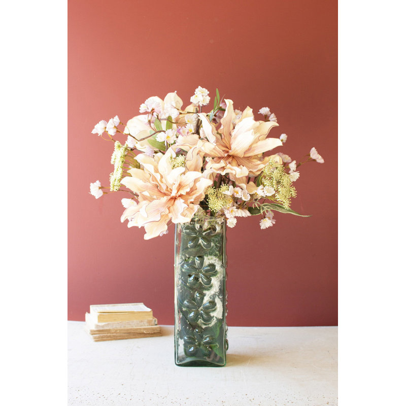  Ensemble de 2 vases carrés en verre avec fleurs en relief H 16 "