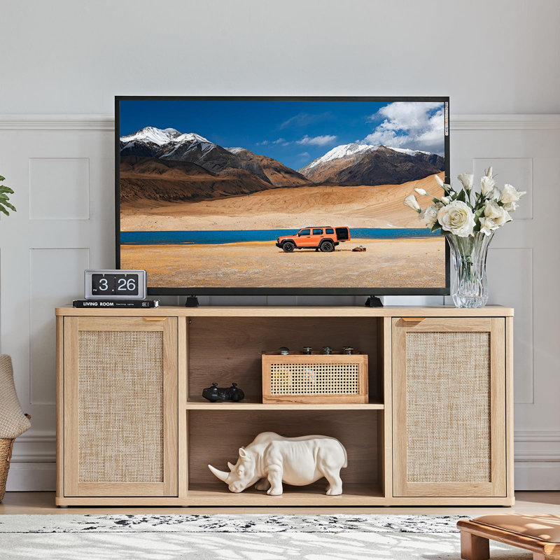 Meuble télé en rotin pour le salon, meuble télé Boho avec rangement et tablette ouverte, centre de divertissement en bois rustique, console multimédia pour téléviseur de 50 à 65 pouces